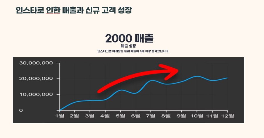 인스타로 인한 매출 성장 그래프 — 1월부터 12월까지 오른쪽 위로 올라가는 선