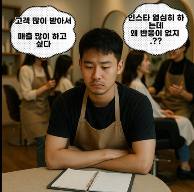 미용실 테이블에 팔짱을 끼고 앉은 디자이너 그림. 말풍선: 고객 많이 받아서 매출 많이 하고 싶다, 인스타 열심히 하는데 왜 반응이 없지