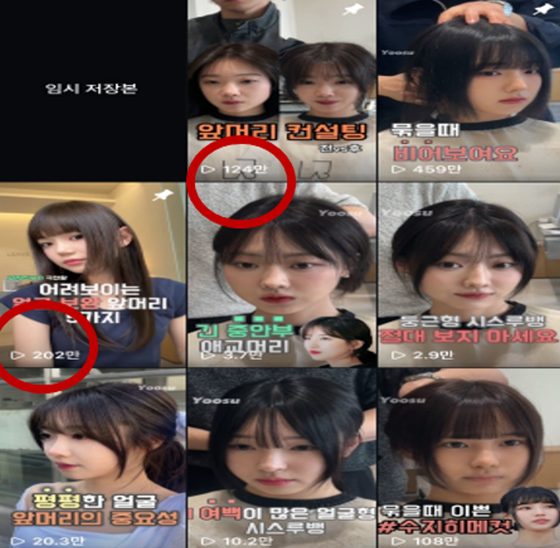 1년 반 후 릴스 격자. 조회수 124만, 202만 등에 빨간 동그라미