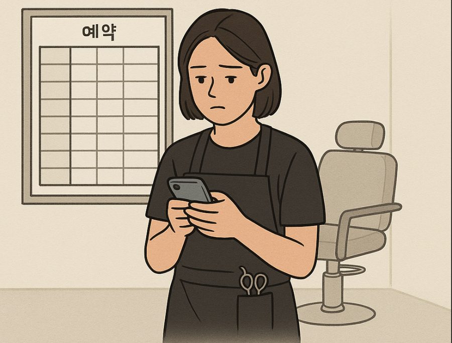 빈칸뿐인 예약표 앞에서 폰을 보며 걱정하는 디자이너 그림