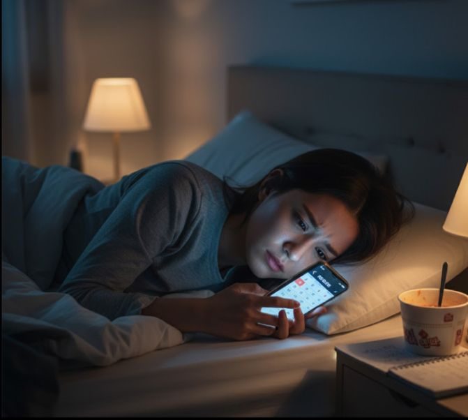 밤에 침대에 엎드려 폰을 보는 사람 그림